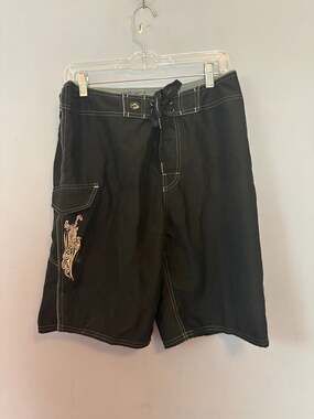Kirra Embroidered Board Shorts Black White Stitching Lace Up Waist Size 30